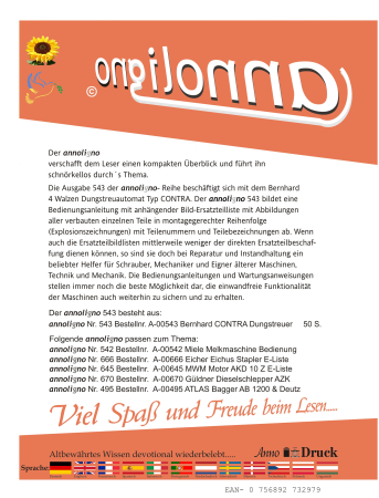 Bernhard 4 Walzen Dungstreuautomat Typ CONTRA Bild- Bedienungsanleitung & Bild Ersatzteilliste & Explosionszeichnungen - annoligno 543